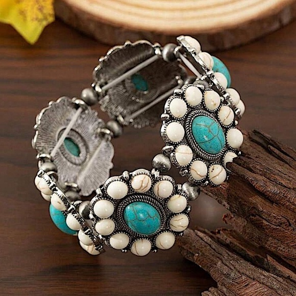 Western White & Turquoise Squash Blossom Post Bracelet - Picture 2 of 3